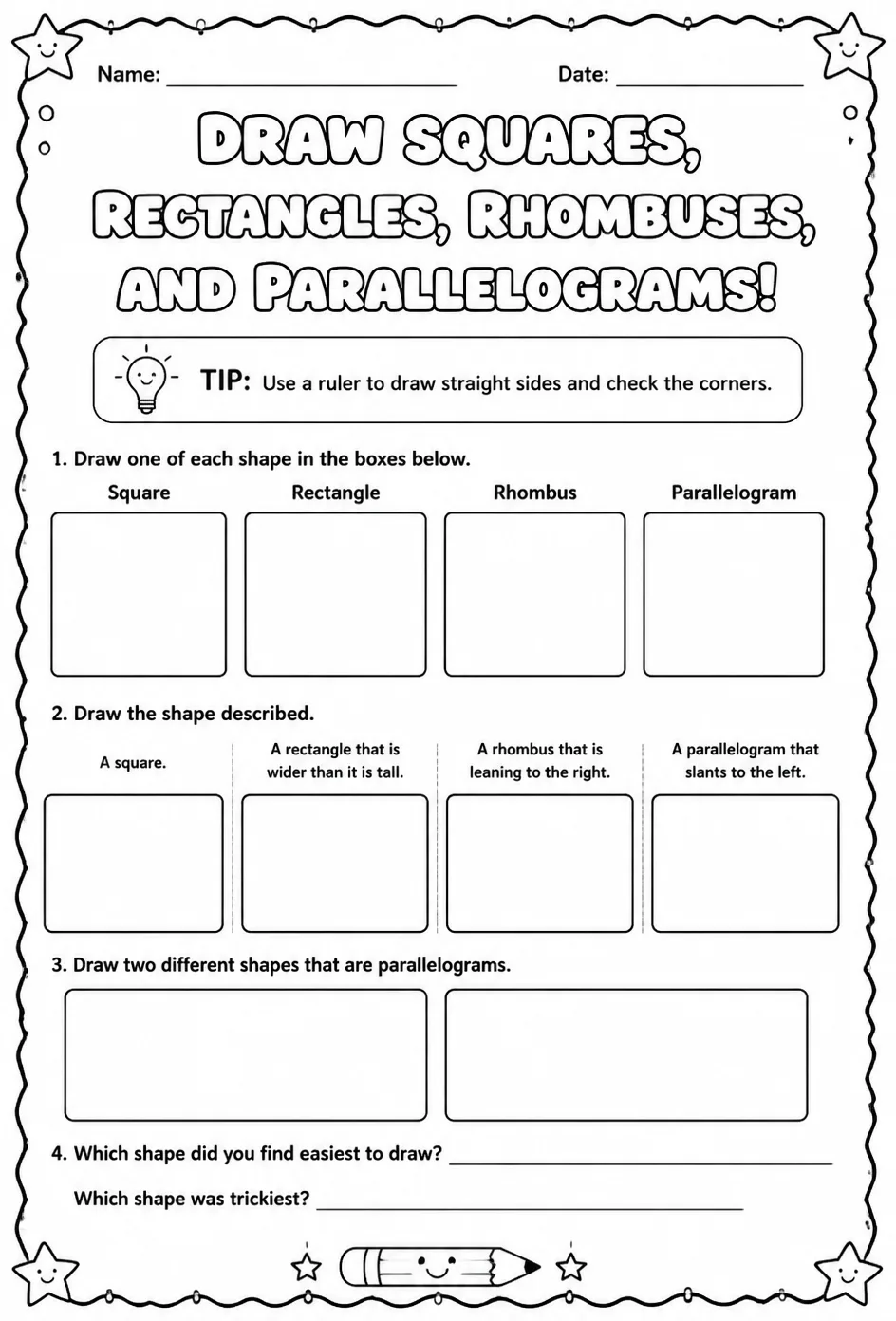 Draw squares, rectangles, rhombuses, and parallelograms