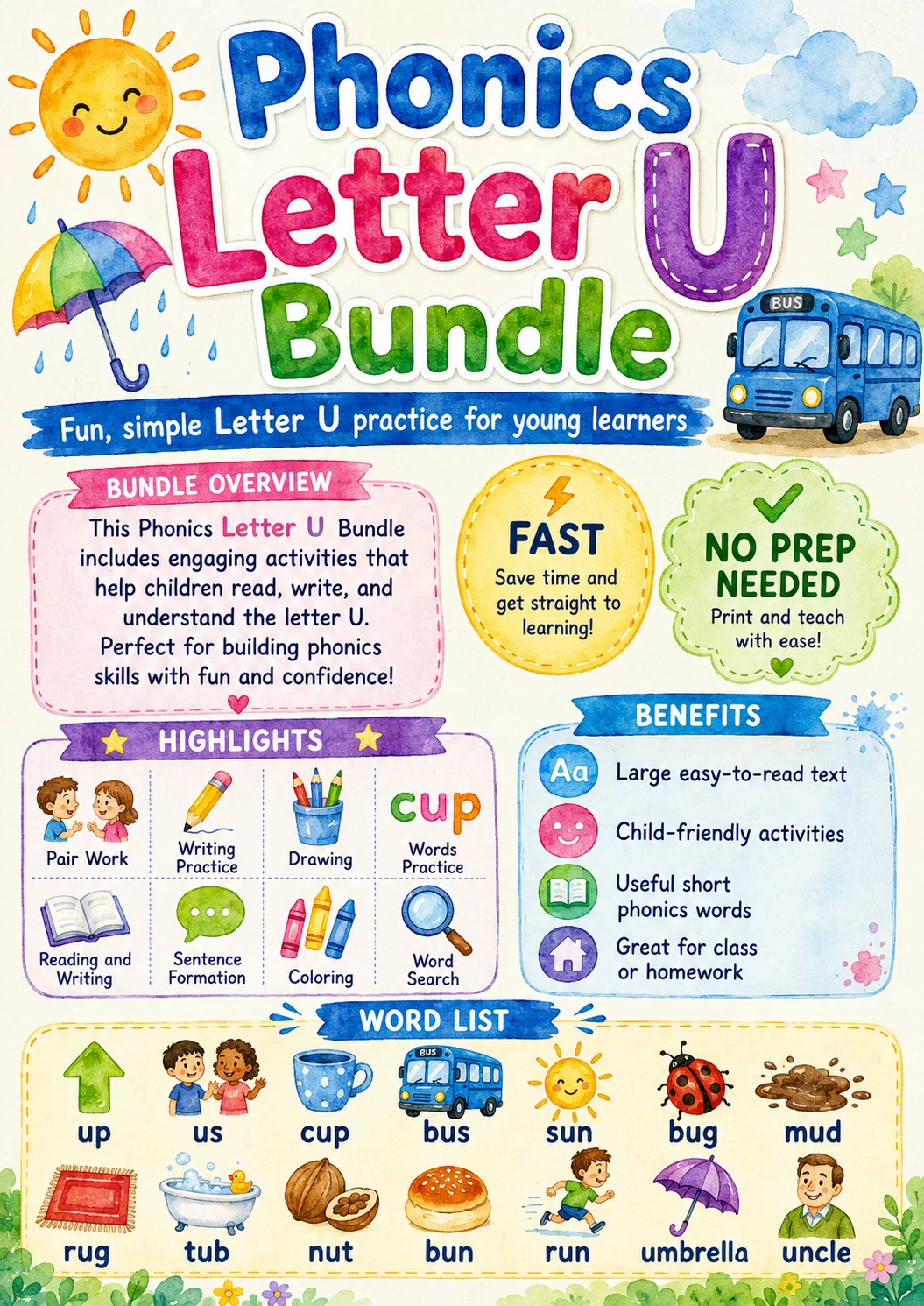 Letter U Phonics Worksheets Pack