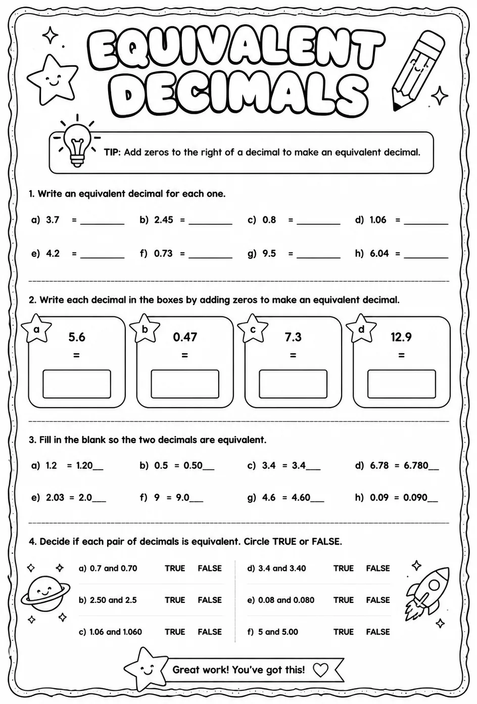 Equivalent decimals
