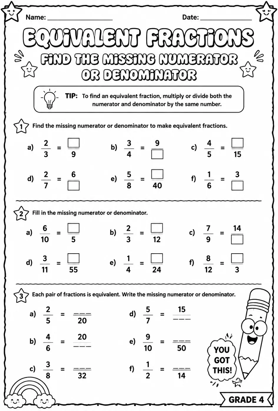 Equivalent fractions: find the missing numerator or denominator