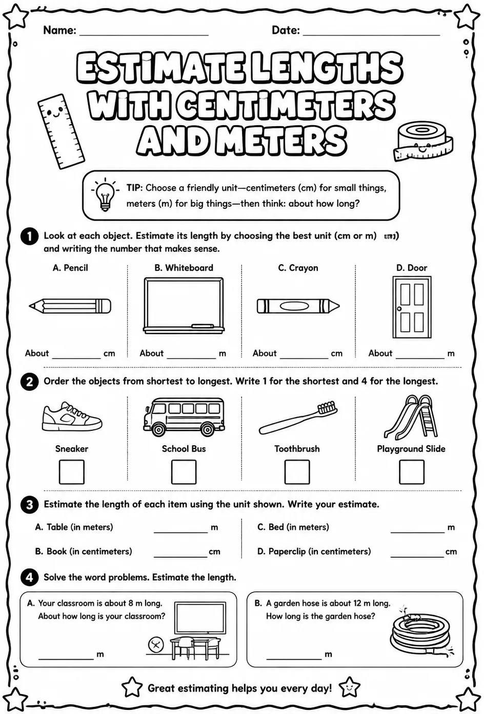Estimate lengths with centimeters and meters