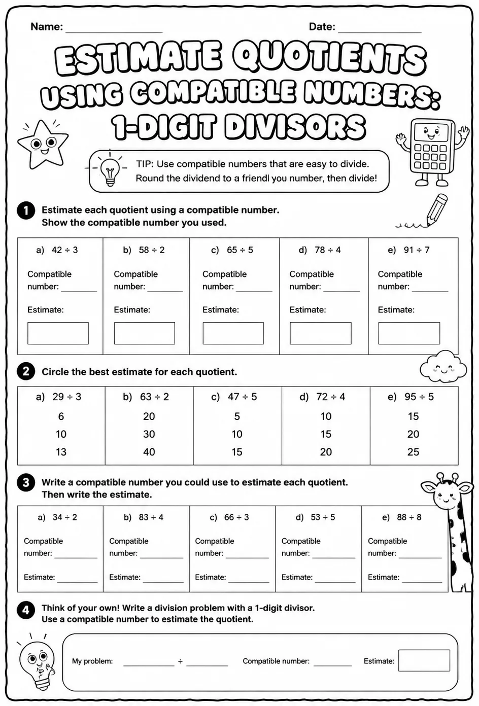 Estimate quotients using compatible numbers: 1-digit divisors