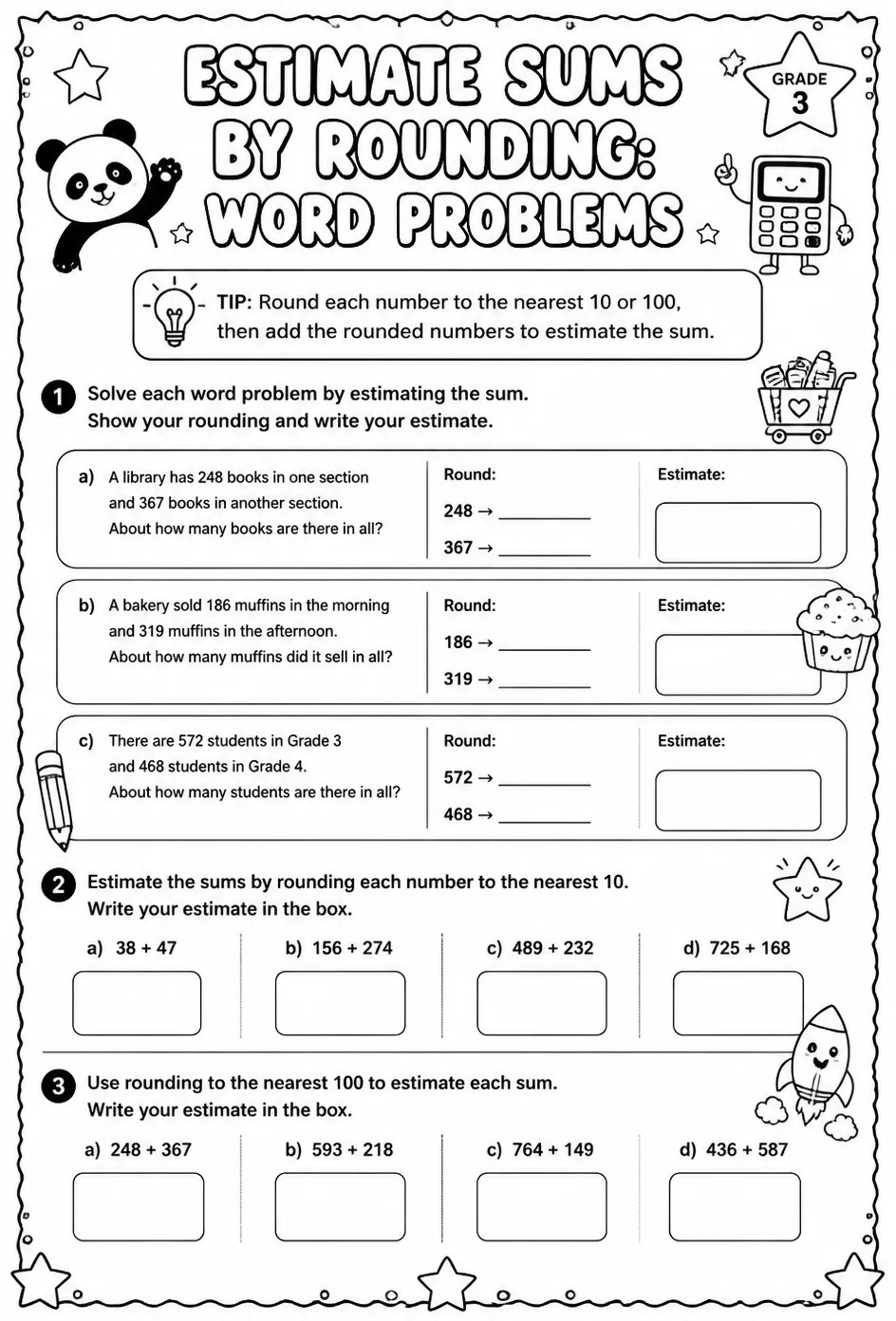 Estimate sums by rounding: word problems