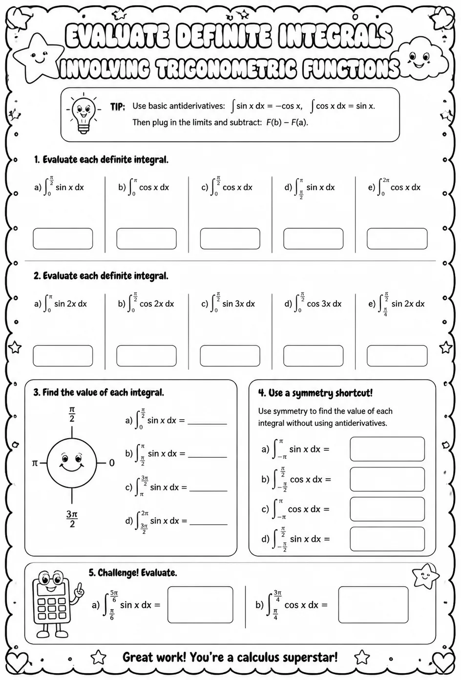 Evaluate definite integrals involving trigonometric functions