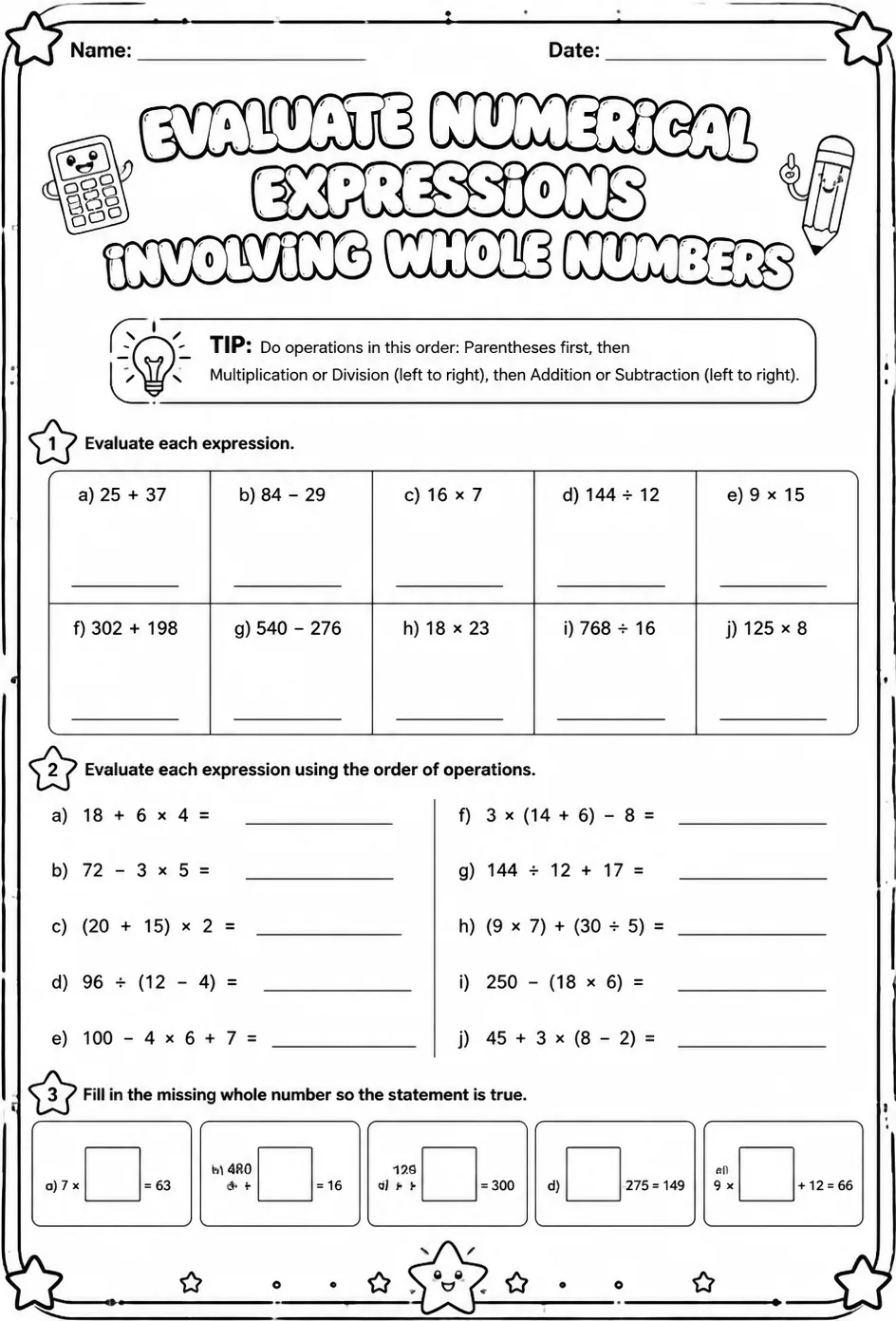 Evaluate numerical expressions involving whole numbers