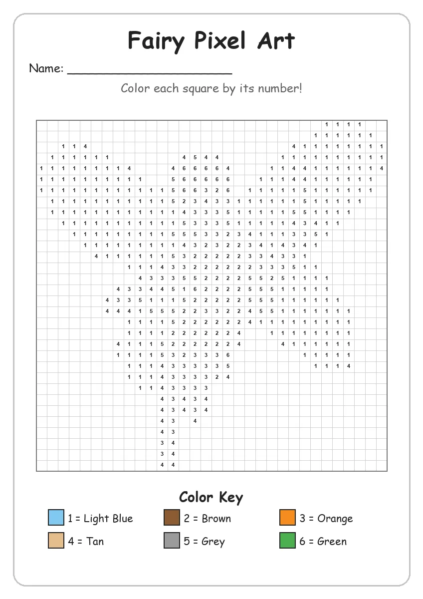 Fairy Pixel Art — Color by Number (Grade 2)