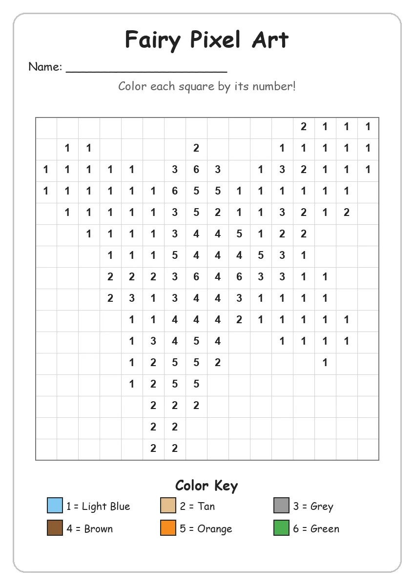 Fairy Pixel Art — Color by Number (Kindergarten)
