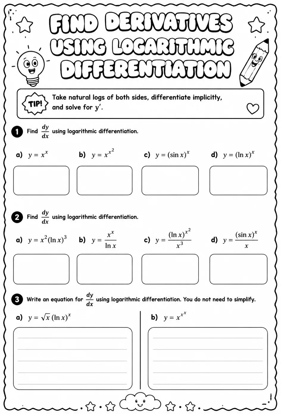 Find derivatives using logarithmic differentiation