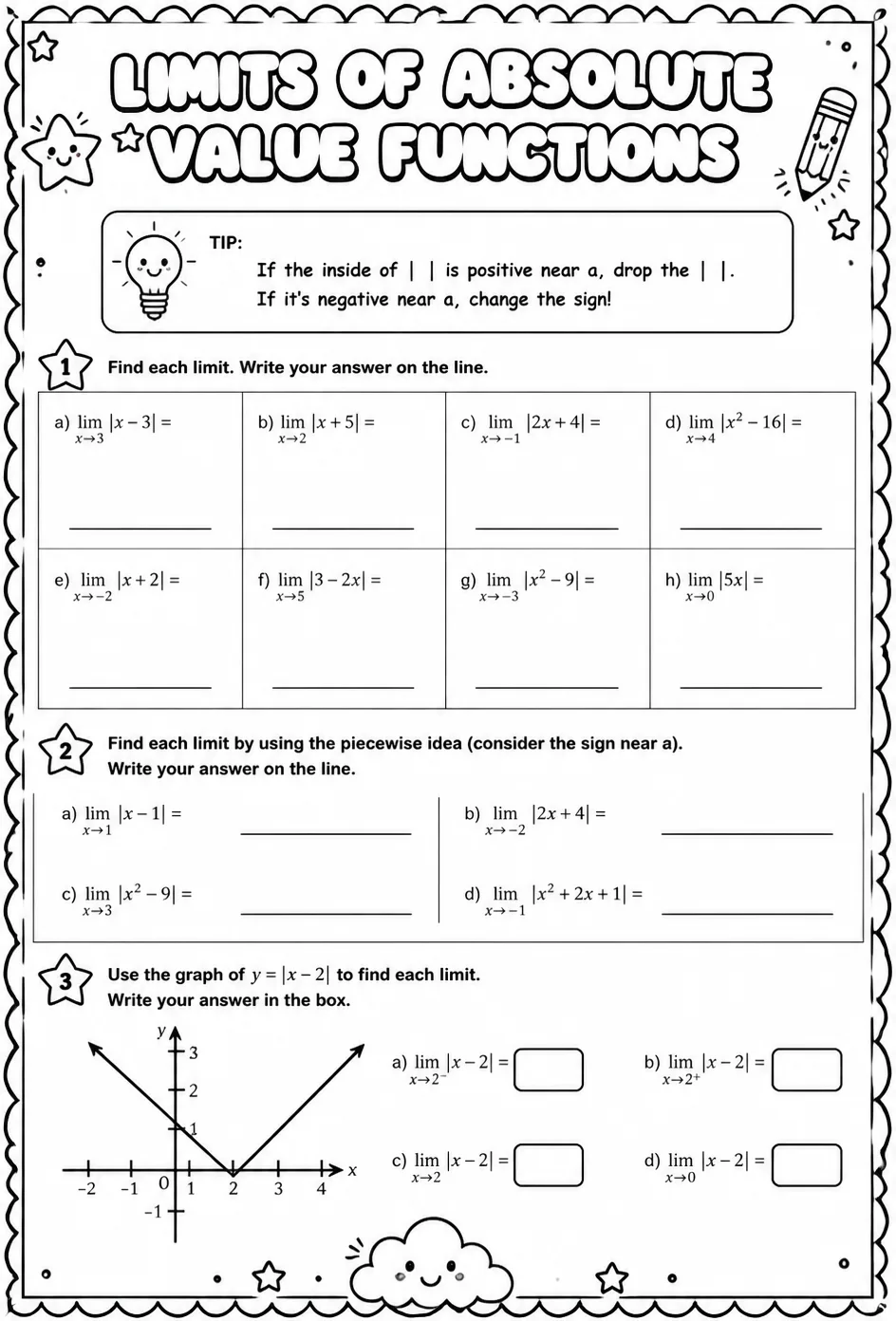 Find limits involving absolute value functions