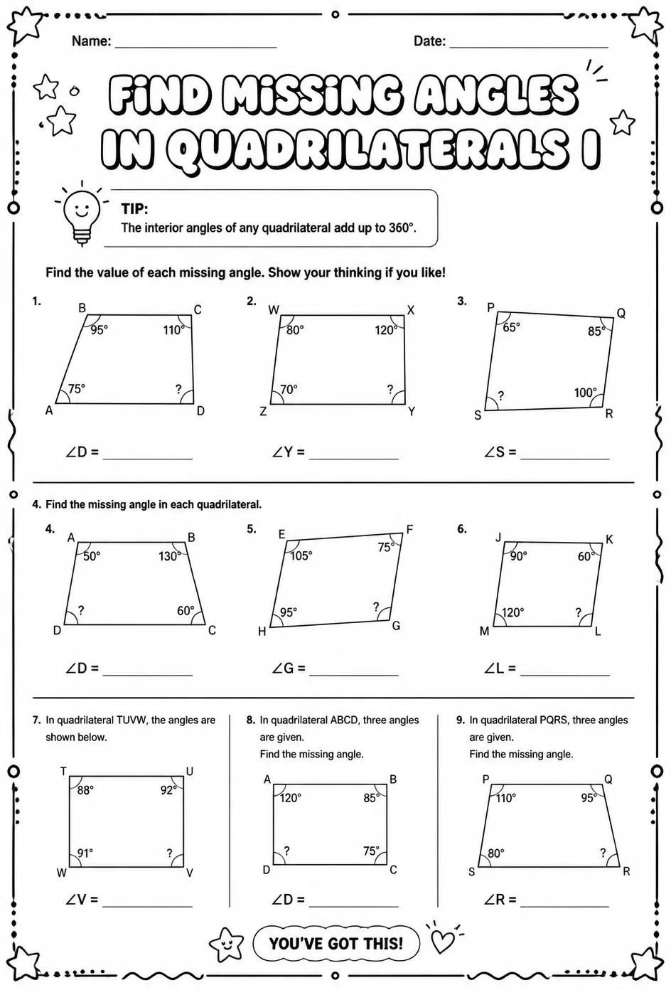 Find missing angles in quadrilaterals I