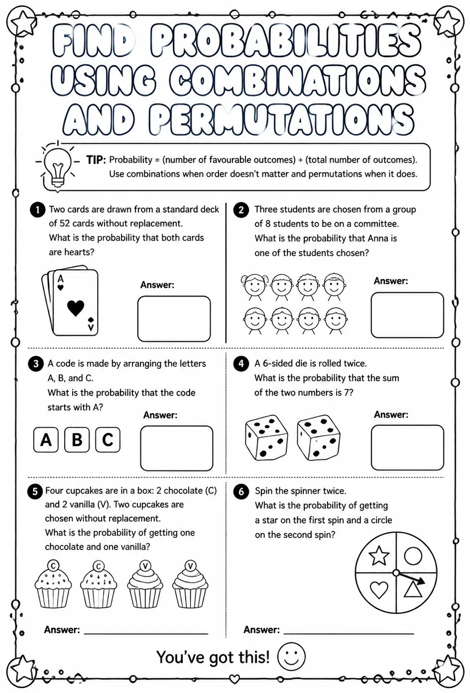 Find probabilities using combinations and permutations