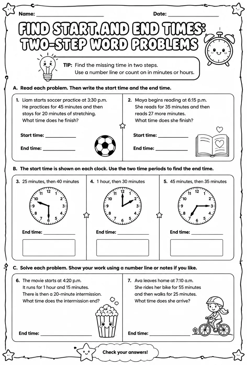 Find start and end times: two-step word problems