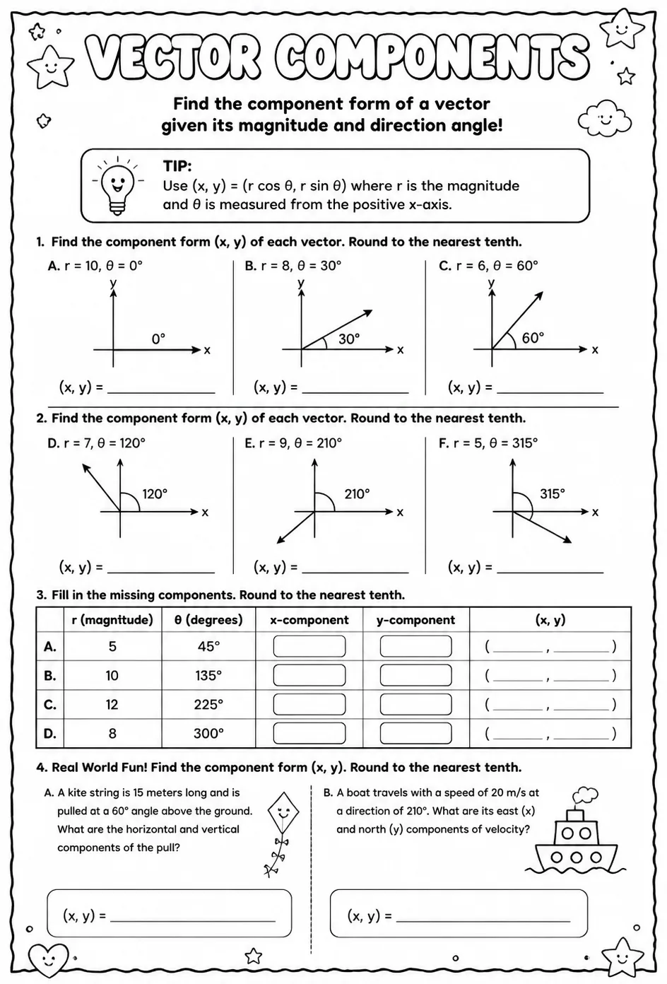 Find the component form of a vector given its magnitude and direction angle