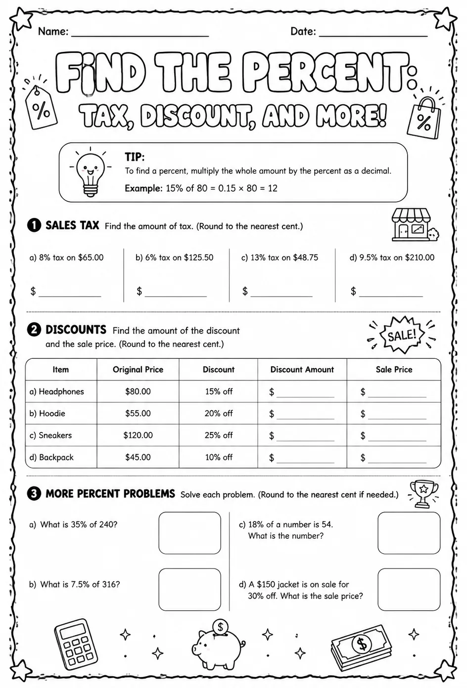 Find the percent: tax, discount, and more