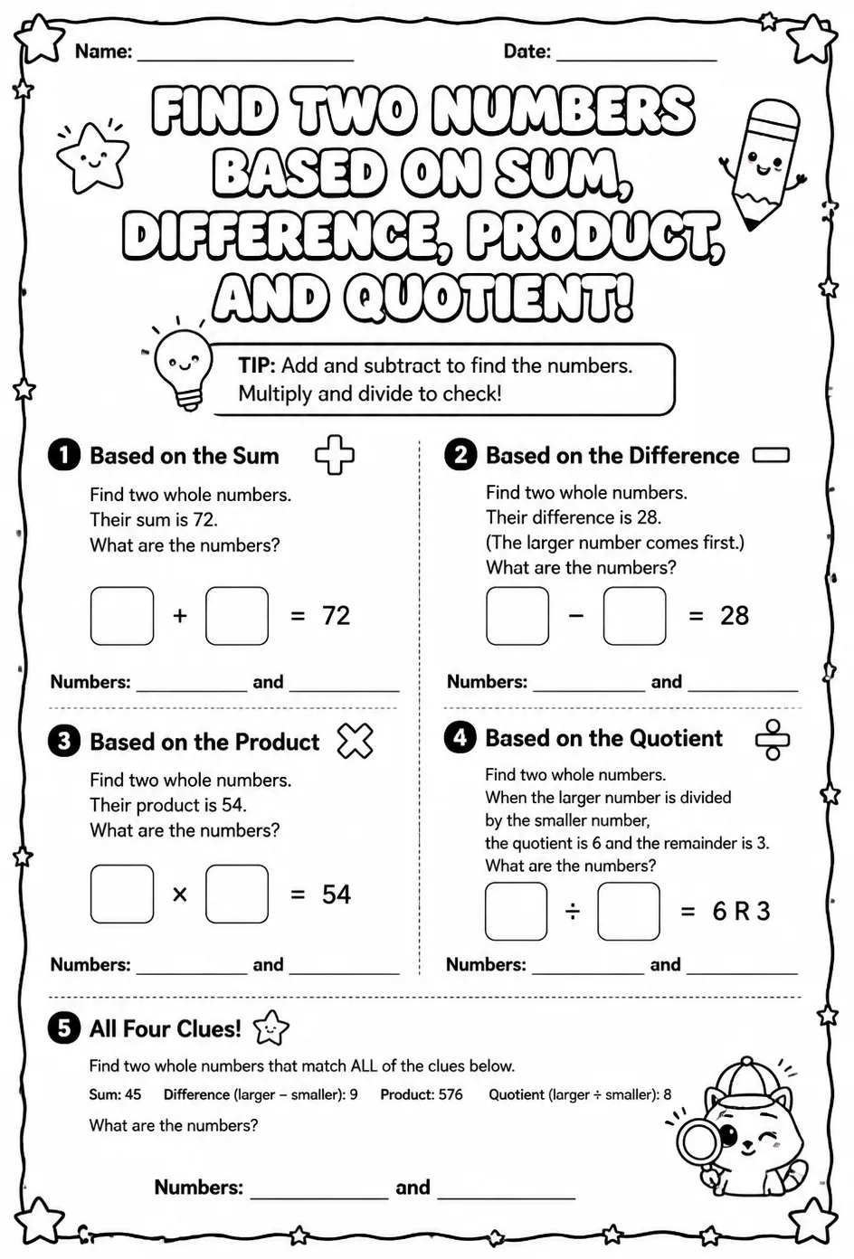 Find two numbers based on sum, difference, product, and quotient