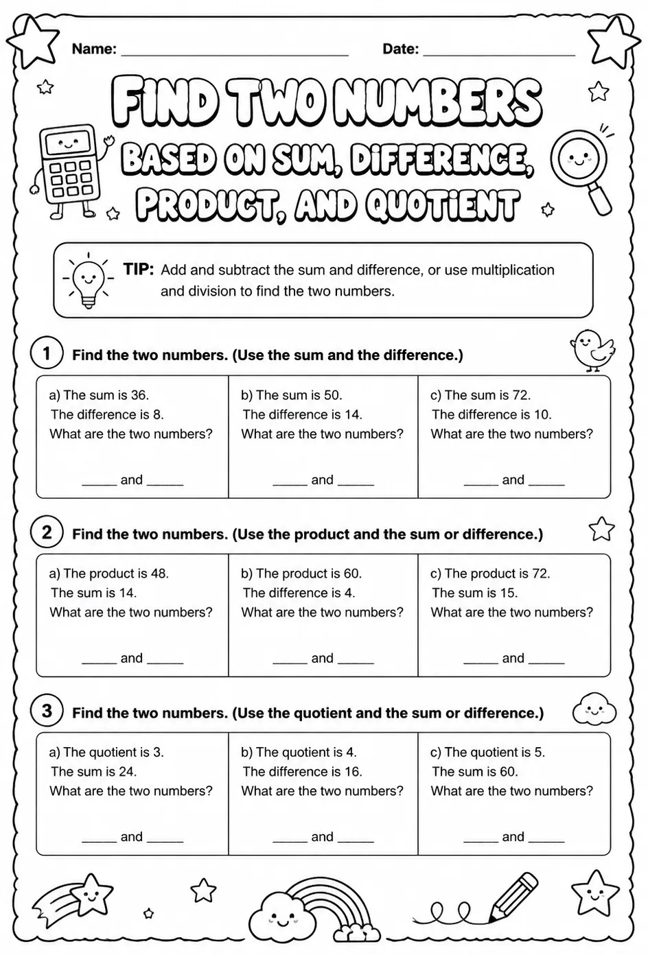 Find two numbers based on sum, difference, product, and quotient