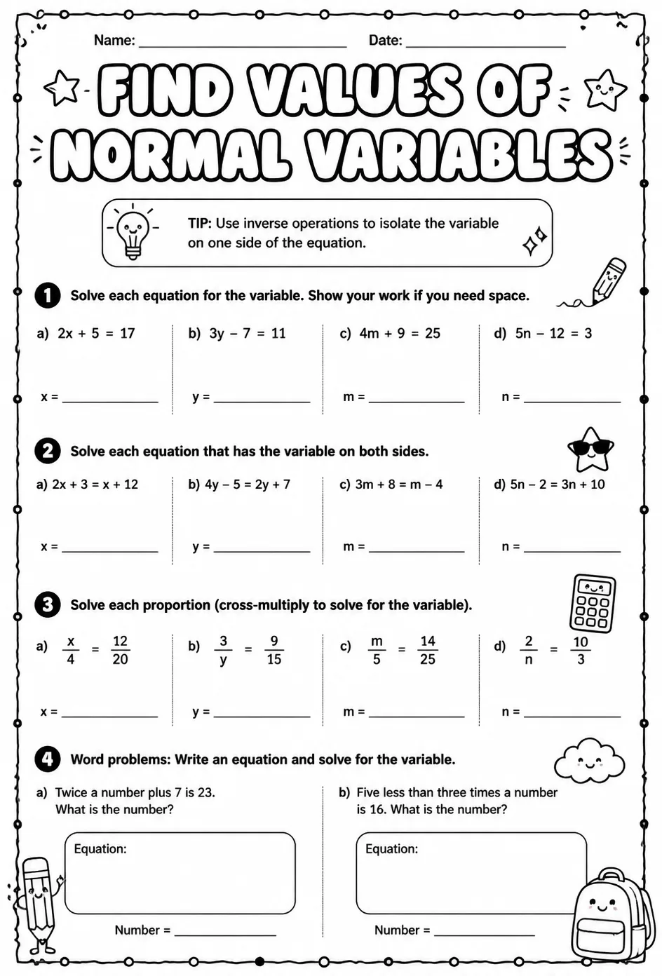 Find values of normal variables