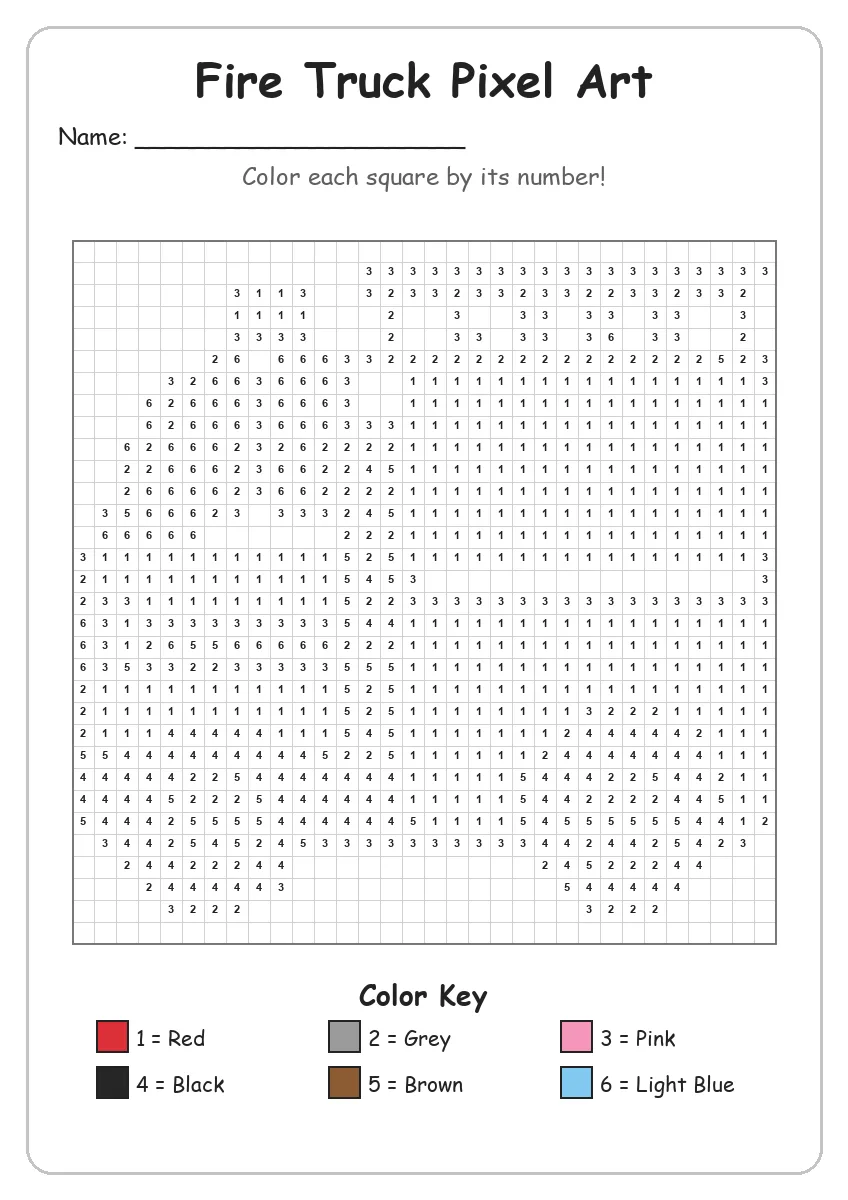 Fire Truck Pixel Art — Color by Number (Grade 2)