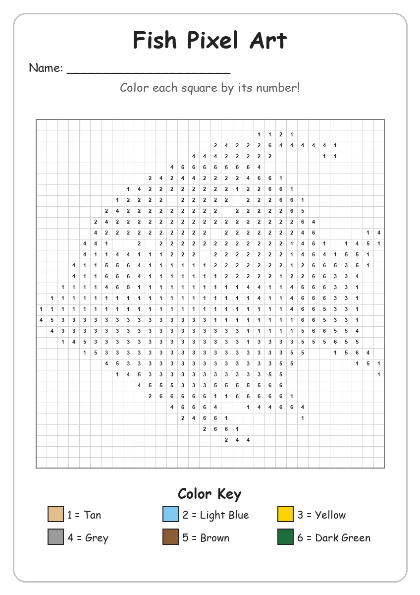 Fish Pixel Art — Color by Number (Grade 2)