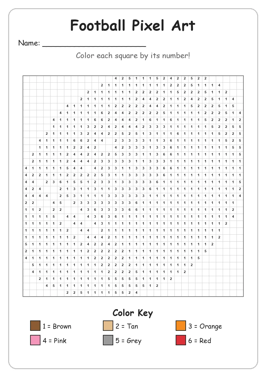 Football Pixel Art — Color by Number (Grade 2)