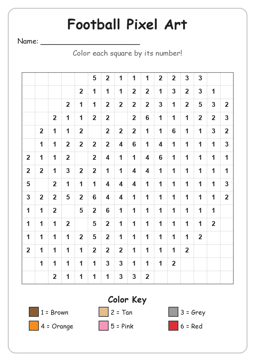 Football Pixel Art — Color by Number (Kindergarten)