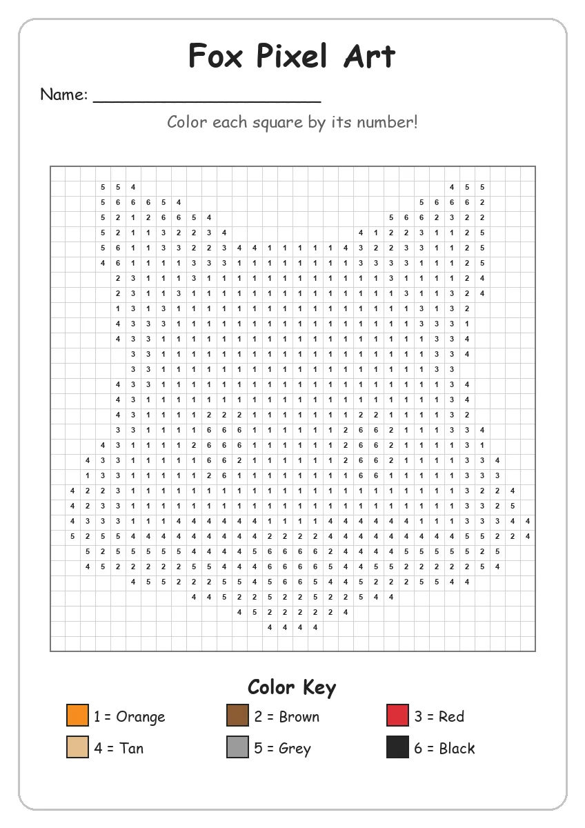 Fox Pixel Art — Color by Number (Grade 2)