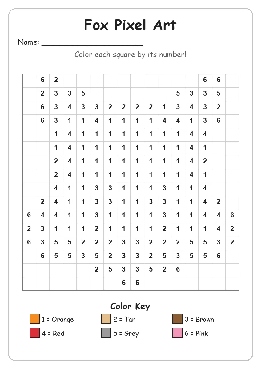 Fox Pixel Art — Color by Number (Kindergarten)
