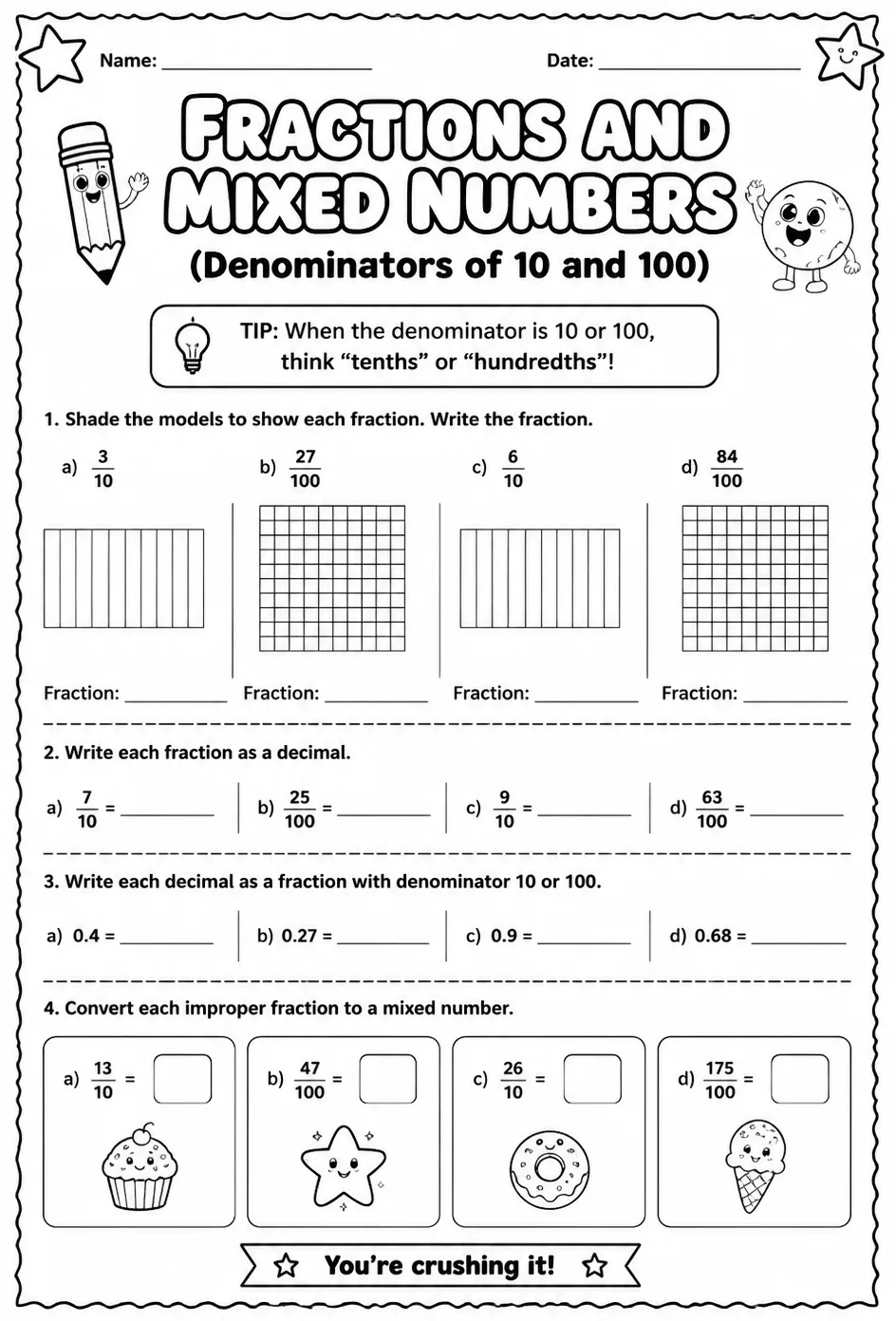 Fractions and mixed numbers with denominators of 10 and 100