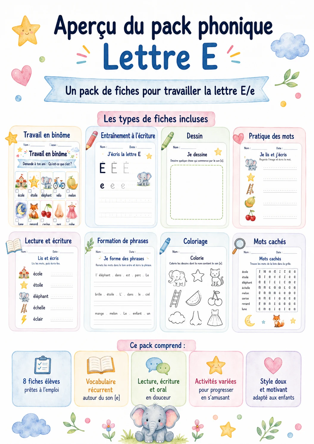 French Letter E Phonics Worksheets Pack