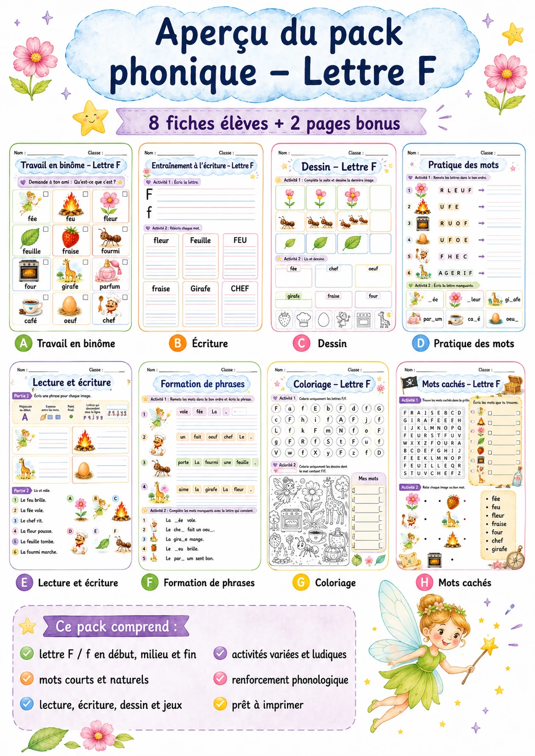 French Letter F Phonics Worksheets Pack