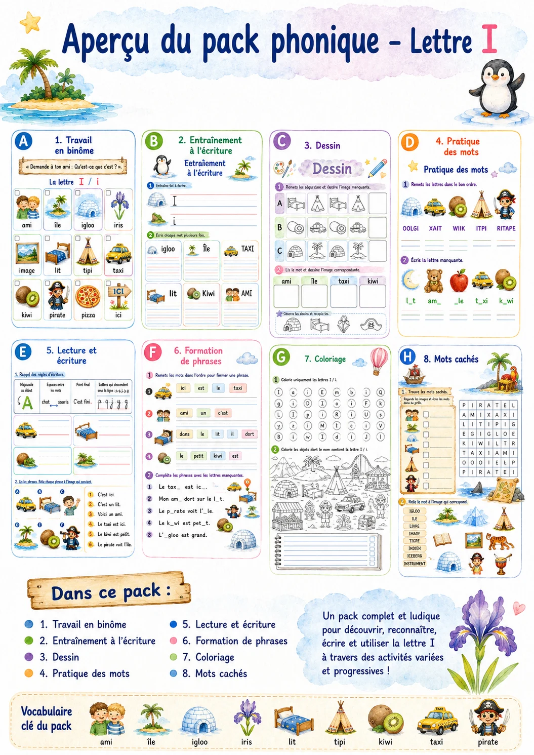 French Letter I Phonics Worksheets Pack