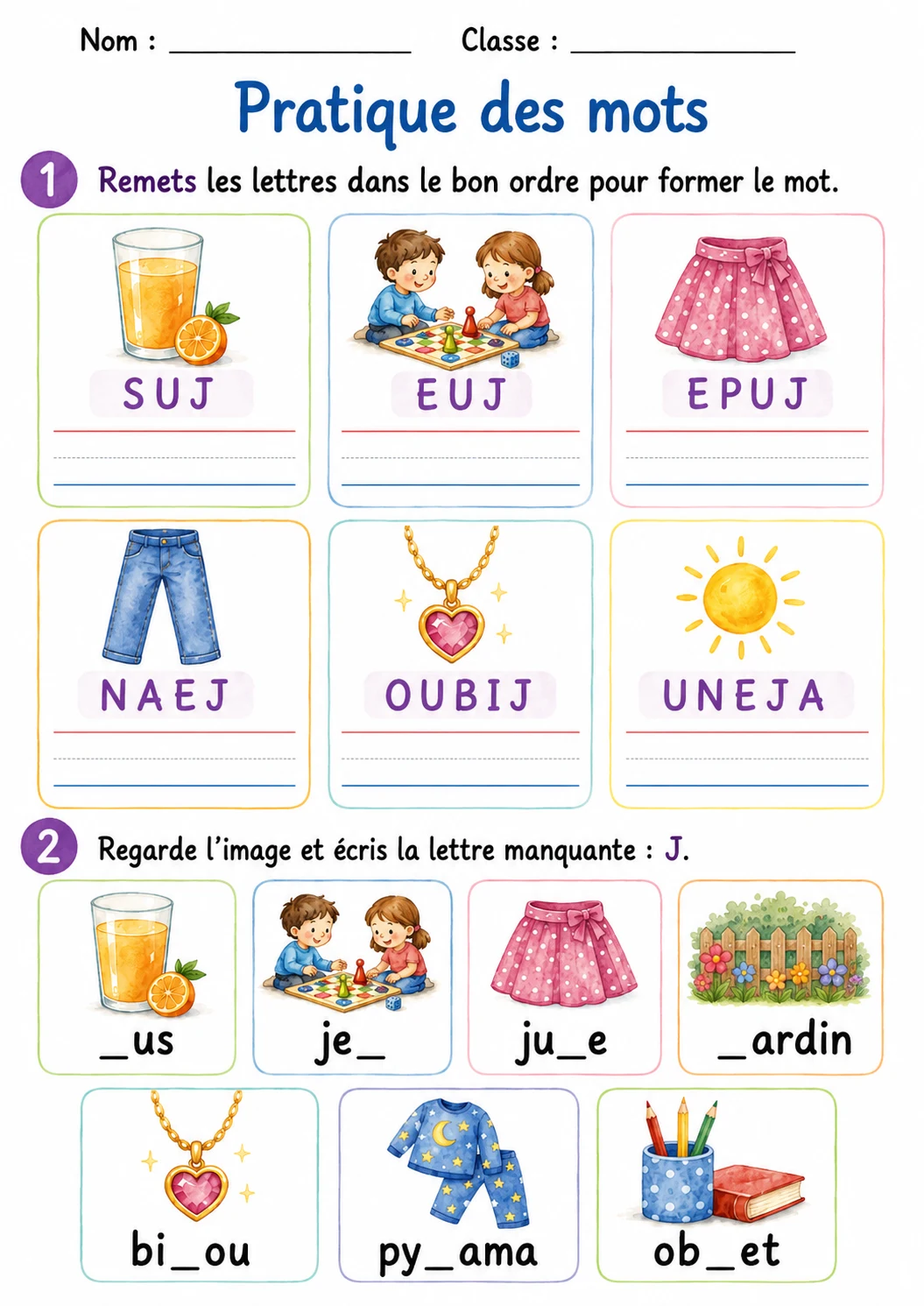 French Letter J Phonics Worksheets Pack