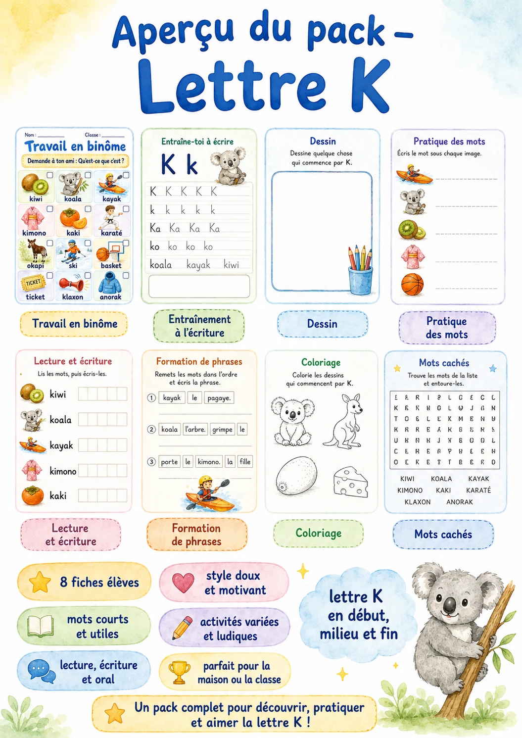 French Letter K Phonics Worksheets Pack