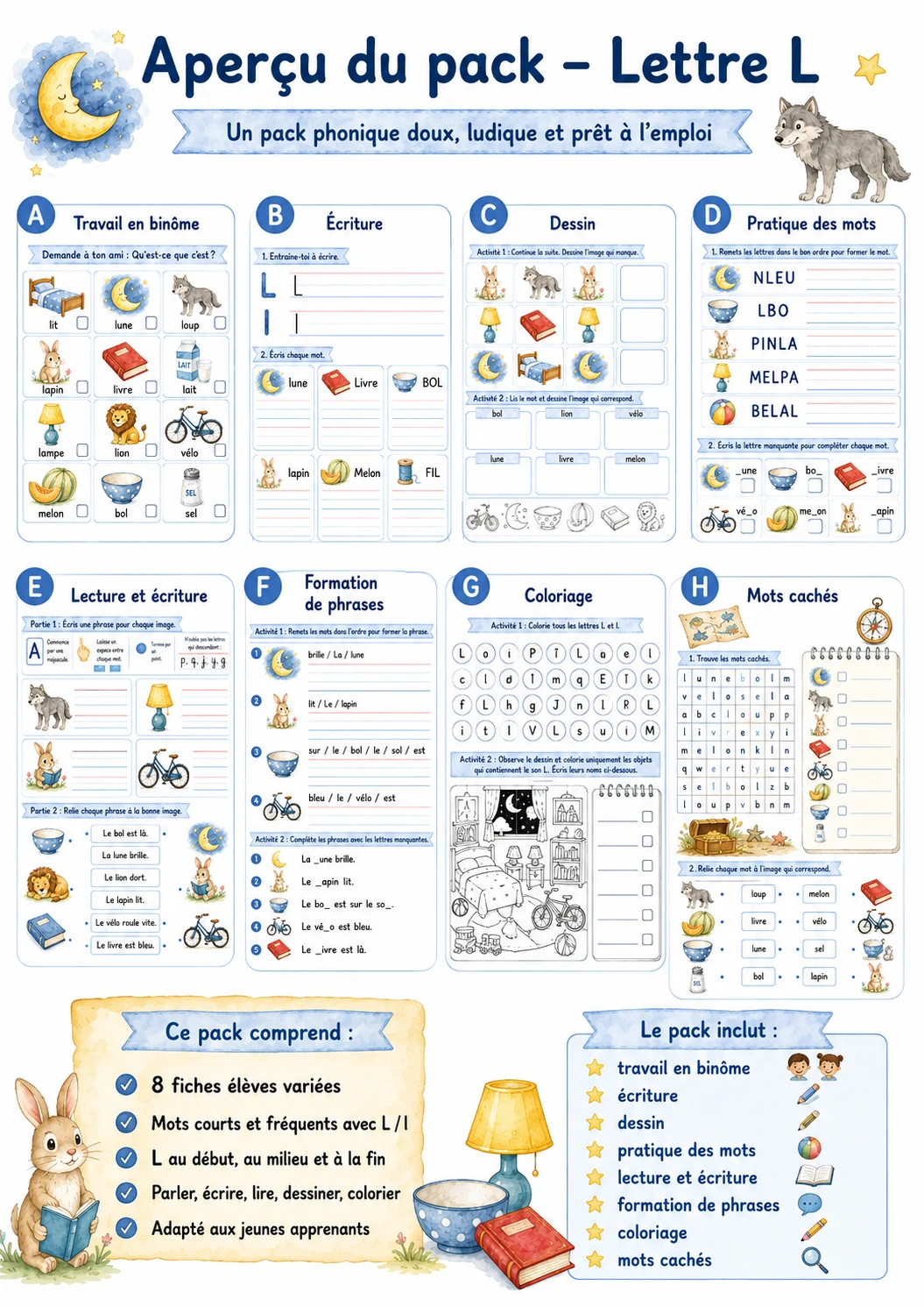 French Letter L Phonics Worksheets Pack