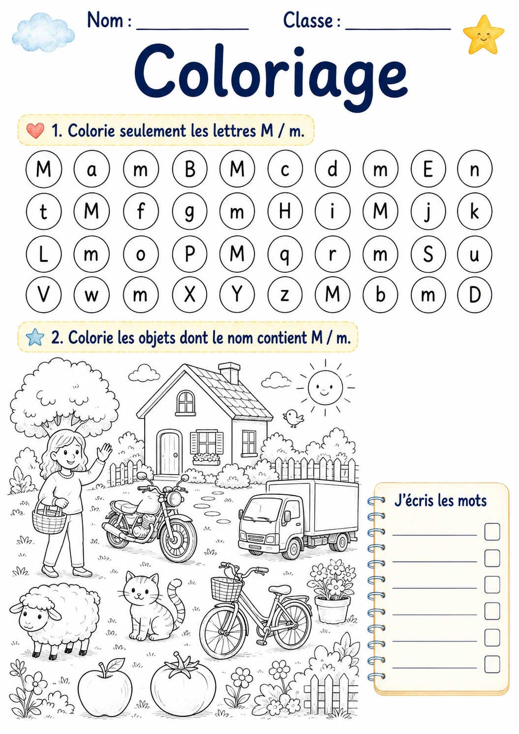 French Letter M Phonics Worksheets Pack