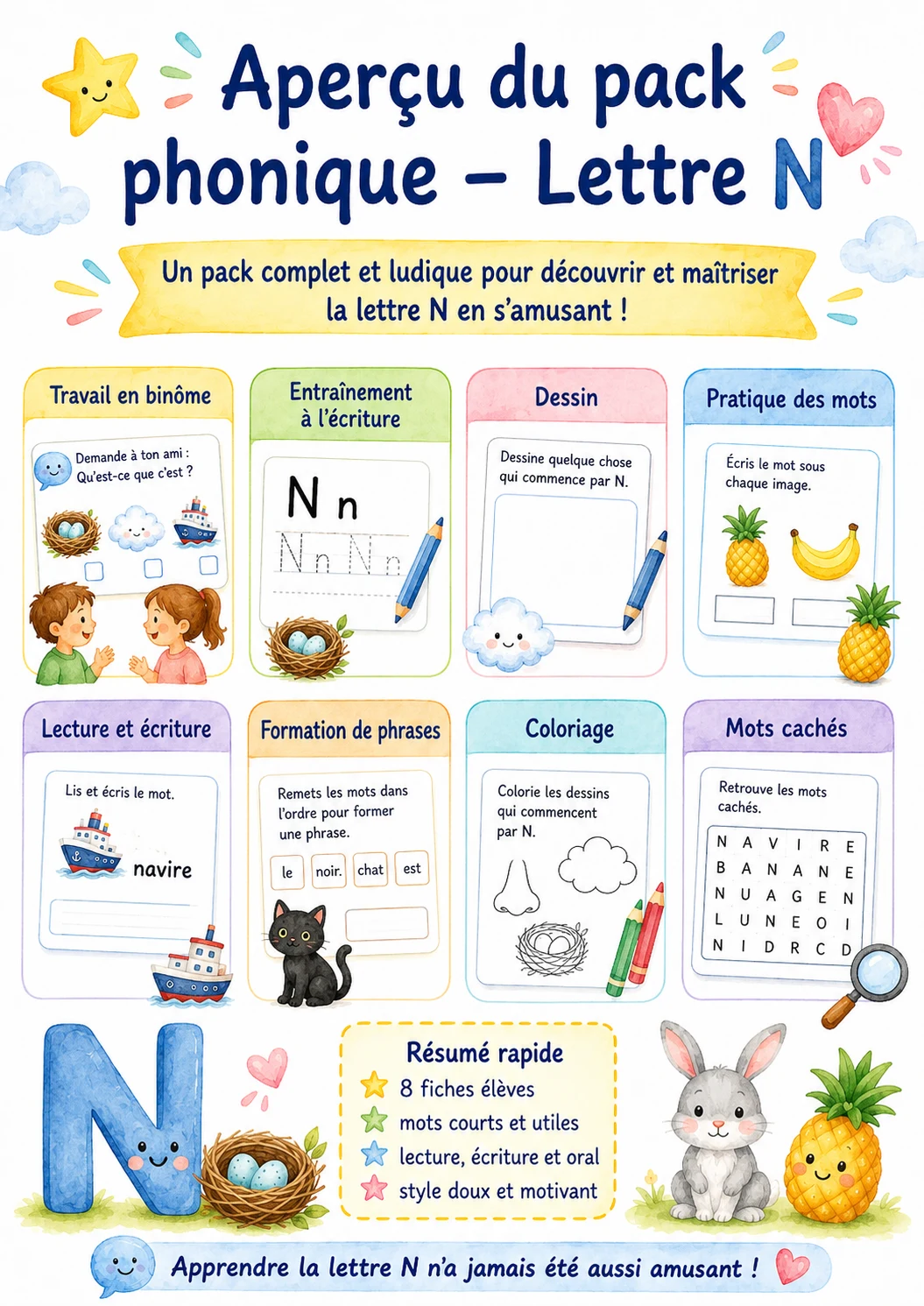 French Letter N Phonics Worksheets Pack