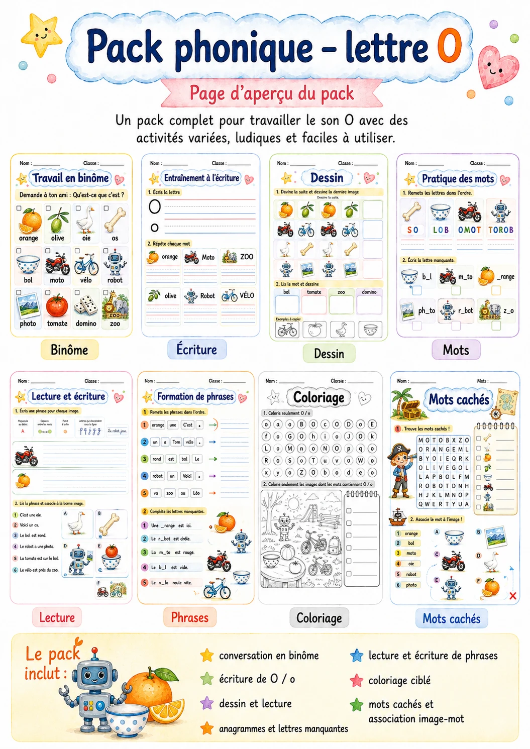 French Letter O Phonics Worksheets Pack