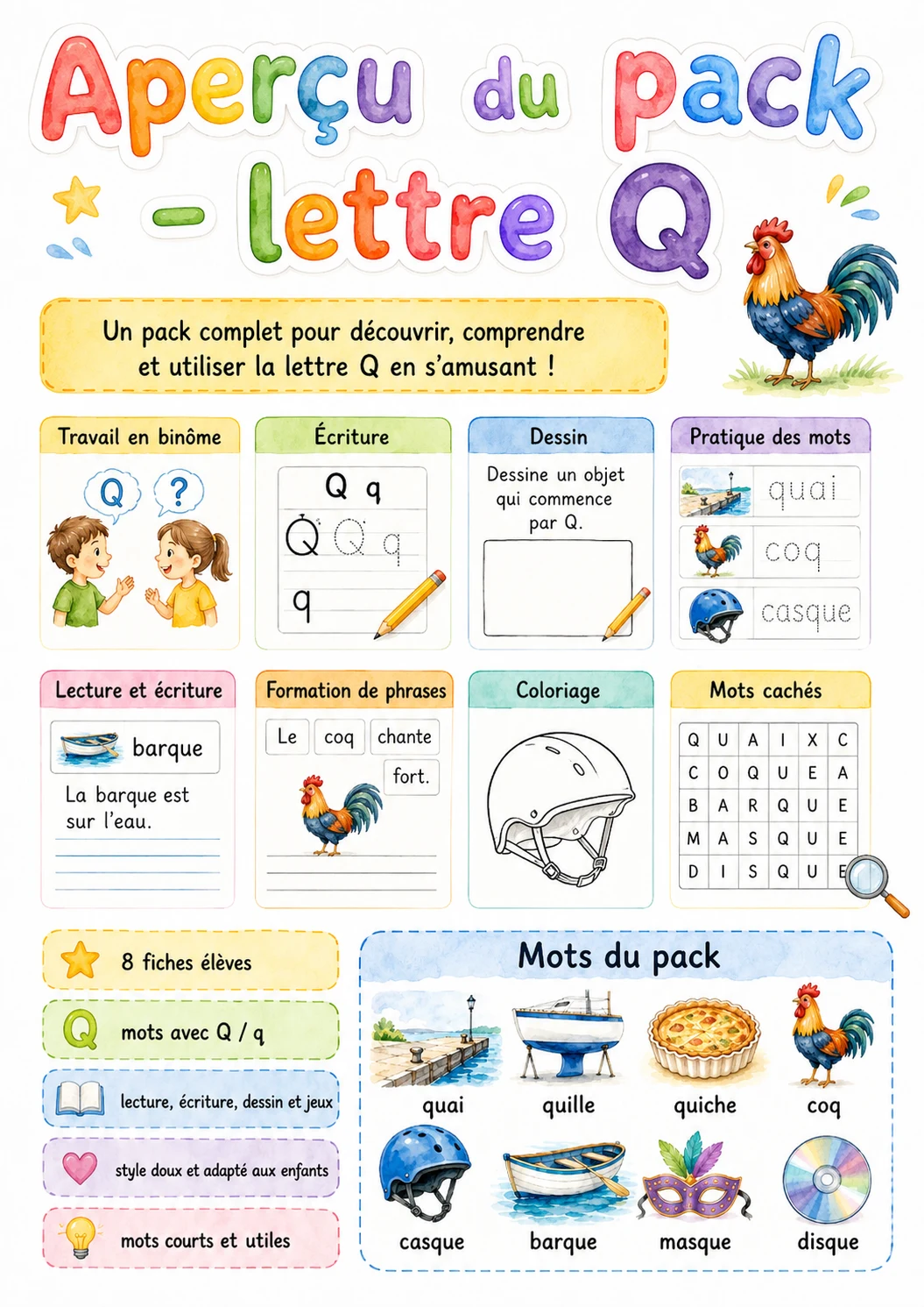 French Letter Q Phonics Worksheets Pack