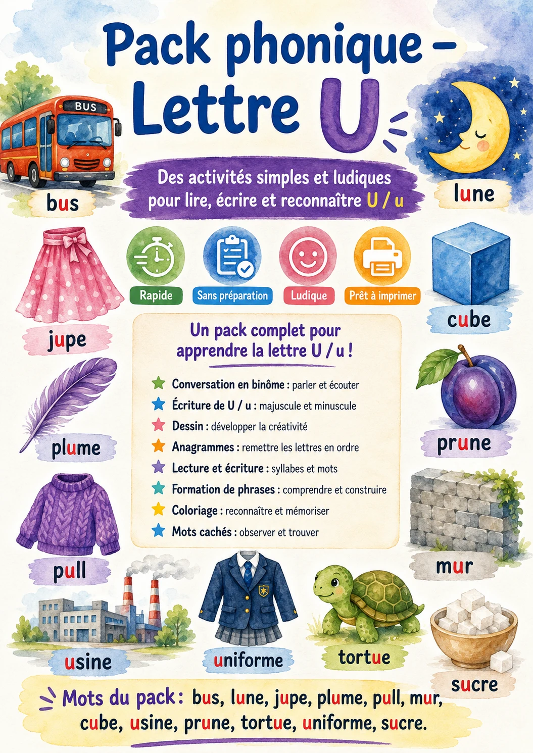 French Letter U Phonics Worksheets Pack