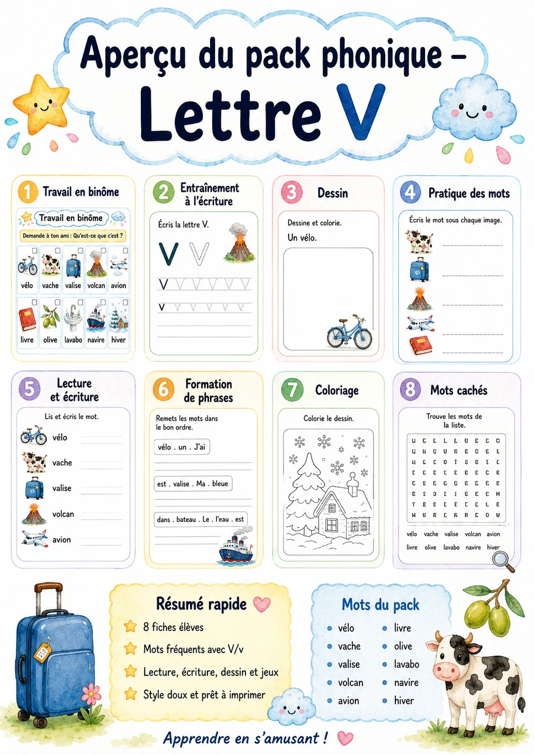 French Letter V Phonics Worksheets Pack