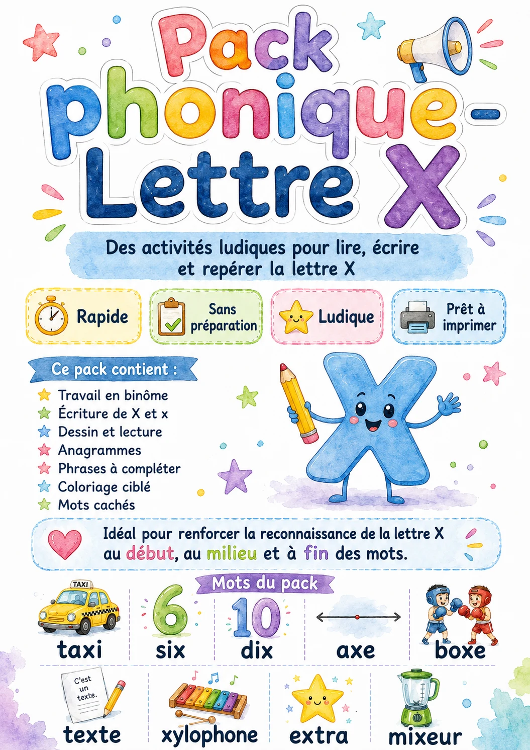 French Letter X Phonics Worksheets Pack