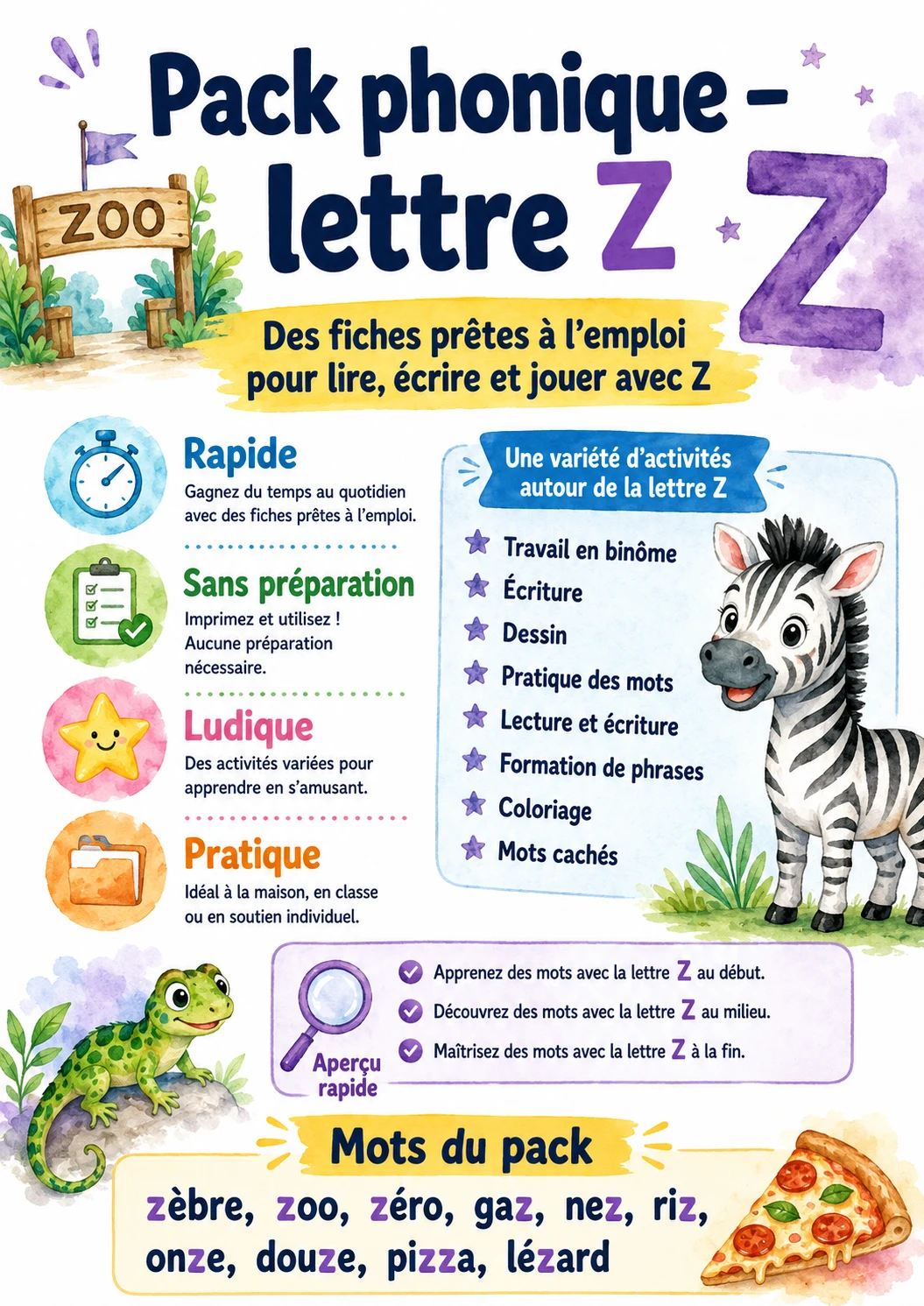 French Letter Z Phonics Worksheets Pack