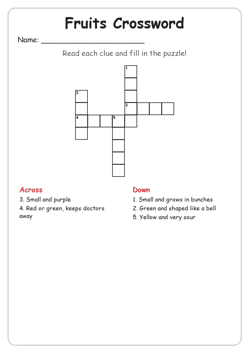 Fruits Crossword (Grade 1)