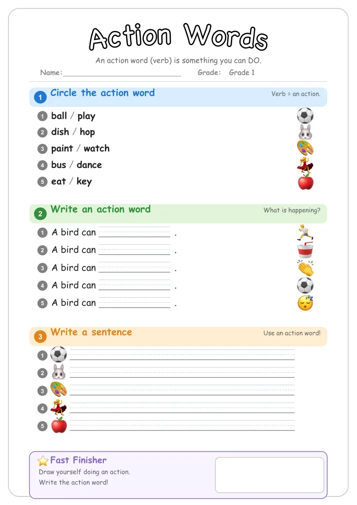 Action Words β Free Grade 1 Grammar Worksheet (Animals)