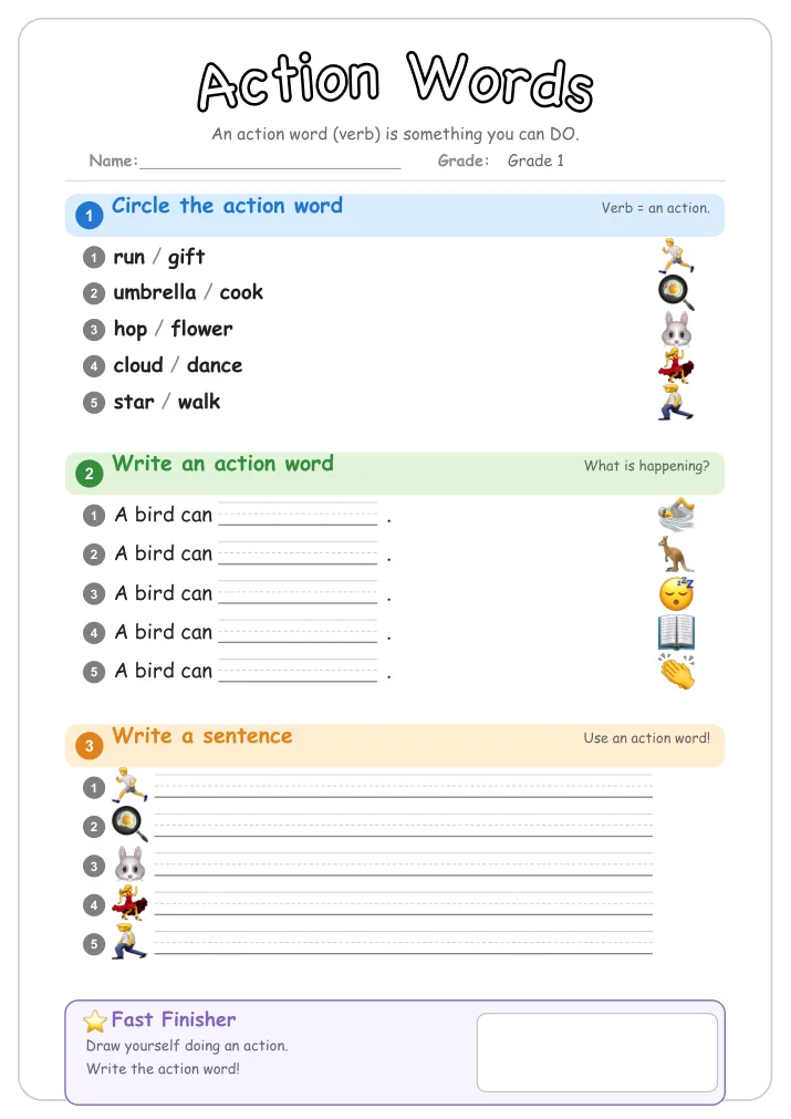 Action Words β Free Grade 1 Grammar Worksheet (Community)