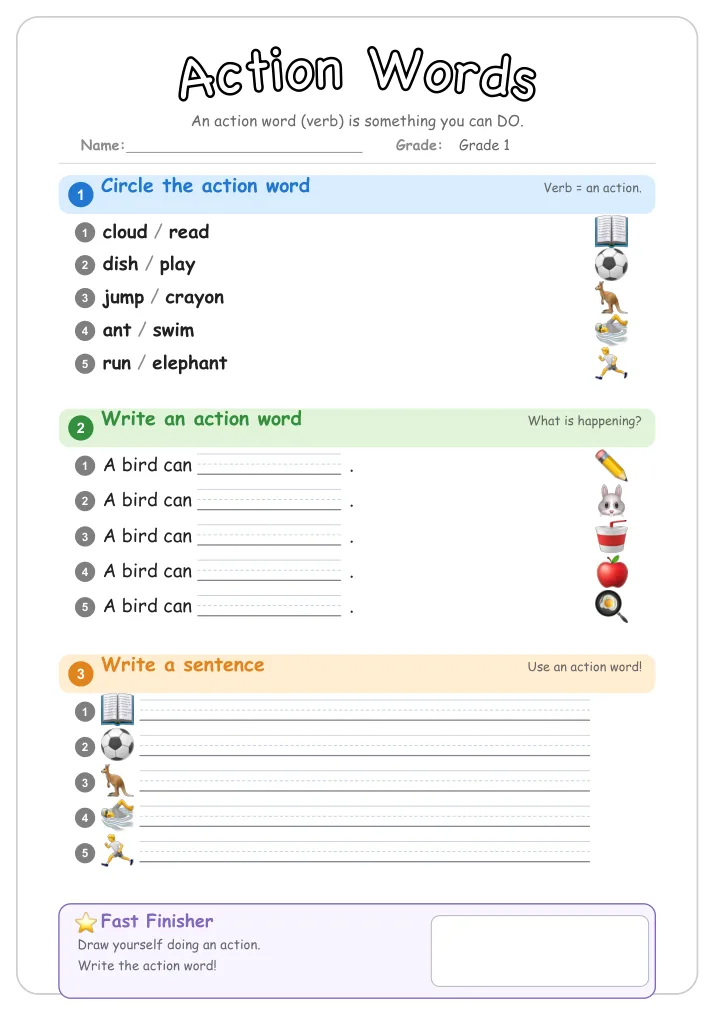 Action Words β Free Grade 1 Grammar Worksheet (Seasons)