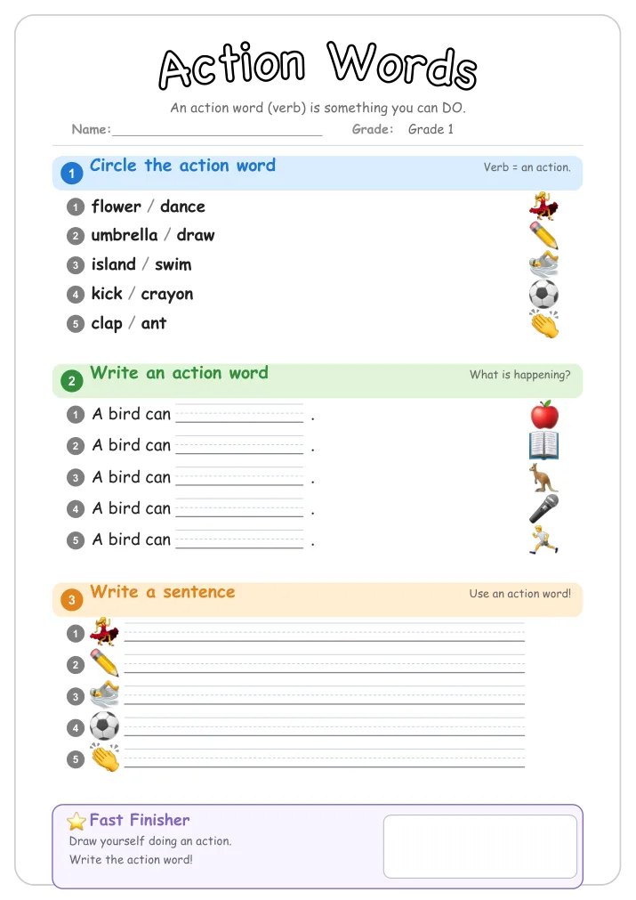 Action Words β Free Grade 1 Grammar Worksheet (Sports)