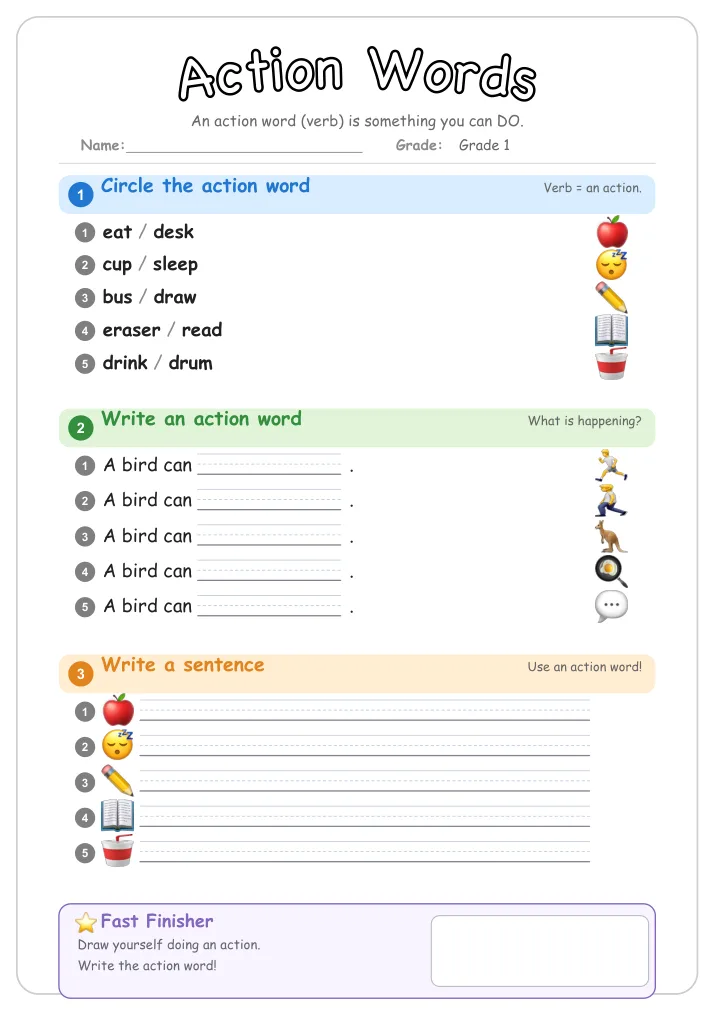 Action Words β Free Grade 1 Grammar Worksheet (Farm)