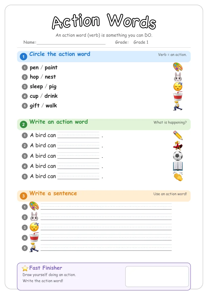 Action Words β Free Grade 1 Grammar Worksheet (Bugs)