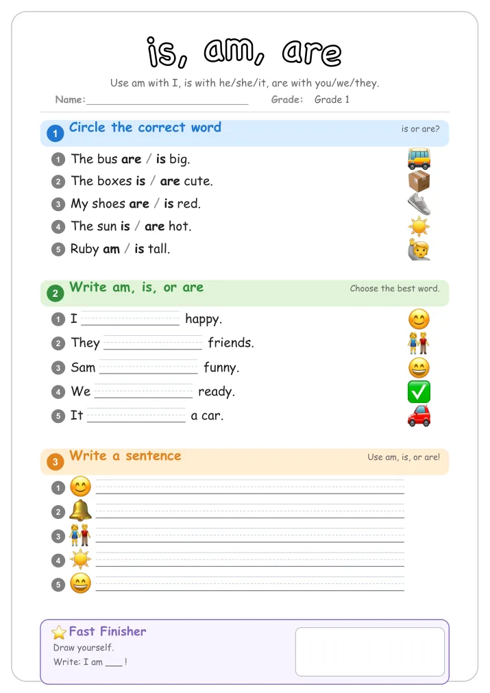is, am, are β Free Grade 1 Grammar Worksheet (Holidays)